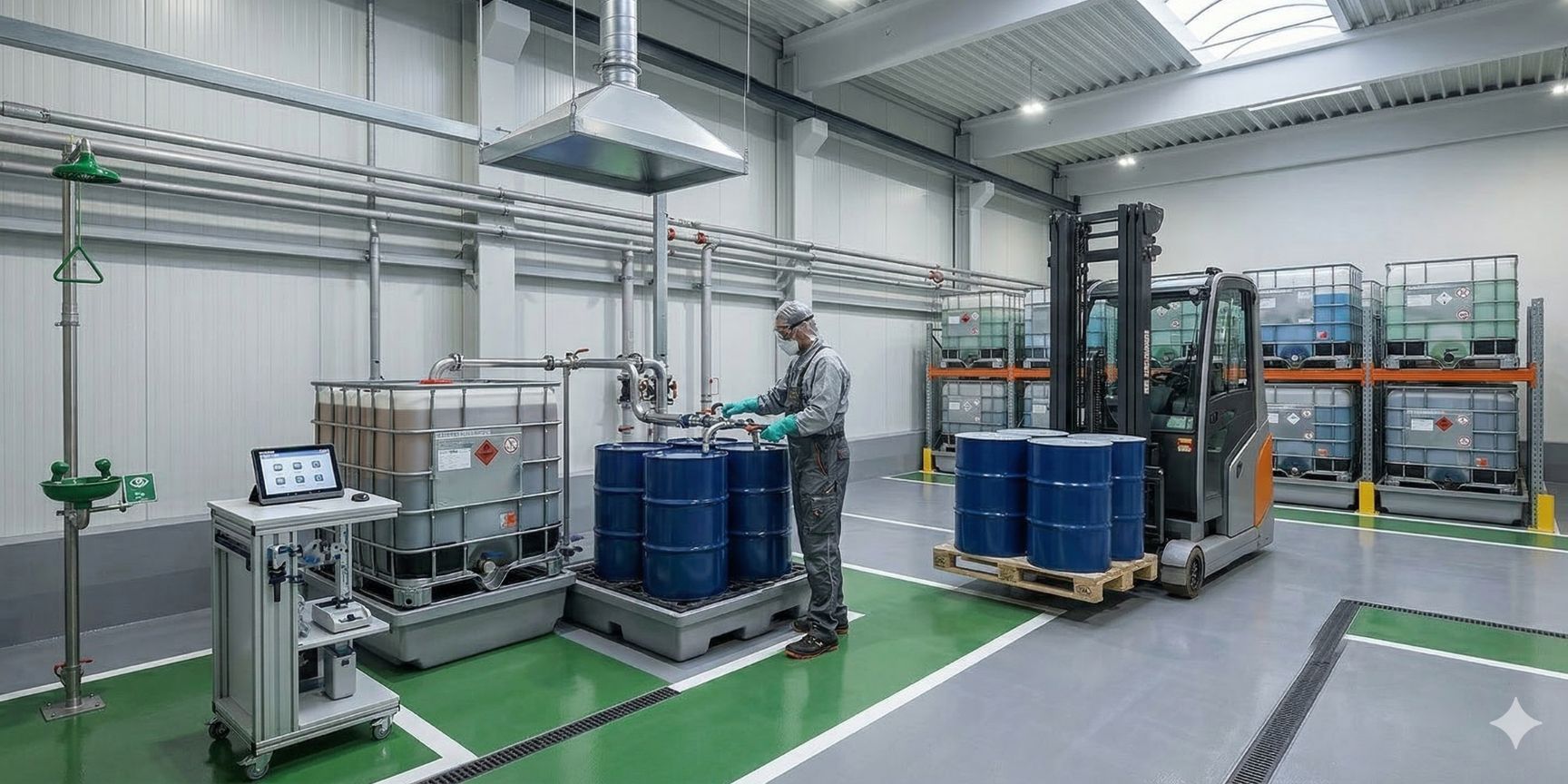 Operational filling station in hazardous materials logistics: Specialist in protective clothing transfers liquid from IBC to drums on drip trays under an extraction system.